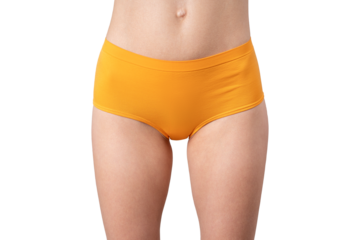 Skinny woman in orange panties, slim female thighs, body care concept