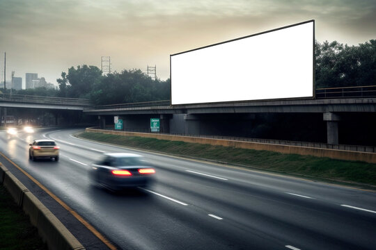 Advertising billboard white screen beside the expressway with car motion blur, generative ai