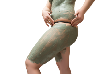 Mud spa procedure, woman applying cosmetic clay body mask, anti cellulite skincare concept