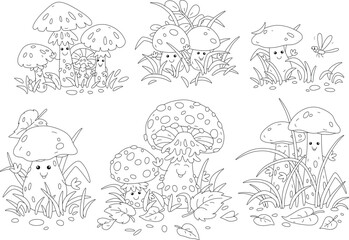 Cartoon set of forest mushrooms among grass, funny Kawaii characters, black and white outline vector illustrations for a coloring book