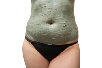 Mud spa procedure, woman applying cosmetic clay body mask, anti cellulite skincare concept, home cosmetology