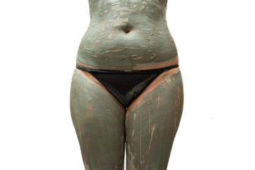 Mud spa procedure, woman applying cosmetic clay body mask, anti cellulite skincare concept