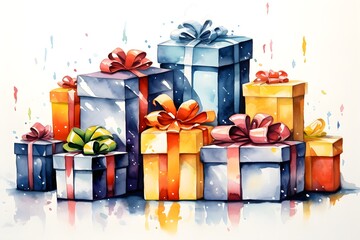 Watercolor painted christmas gift boxes, ai generated