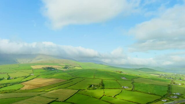 Aerial view of endless lush pastures and farmlands of Ireland's Dingle Peninsula