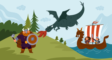Cartoon vikings battle. Scandinavian warrior fights fire breathing dragon. Fairy tale hero. Drakkar and barbaric character. Celtic sailboat. Man with shield or ax. Garish vector concept - obrazy, fototapety, plakaty