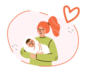 Happy Mother Hold Newborn Kid Vector Illustration