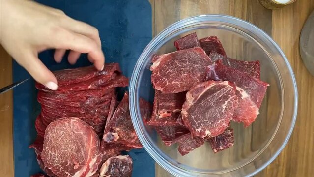 timelapse, the process of preparing meat jerky from veal, dried meat, snack, snacks, for beer, derivative food, products for long storage, red, veal, healthy food, diet, protein