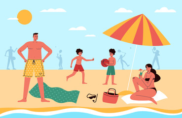 Fototapeta premium Family beach relaxing. Happy parents in swimsuits with sons on seashore. Children playing ball in sand. Mother and father sunbathing under umbrella. Weekends leisure. Vector concept