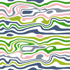 An artistic pattern in a psychedelic style with Optical Illusion Effect. Fluid Stripes. Waves, colored streaks. Pink, Blue, Green. It can be used for textiles, fashion, wallpaper, wrapping paper, note