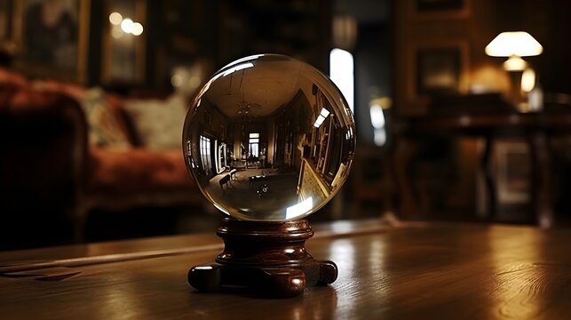 A large shiny transparent glass ball sphere crystal in the table indoor.