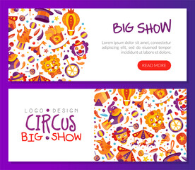 Circus Show Banner Design with Fairground Amusement Object Vector Template