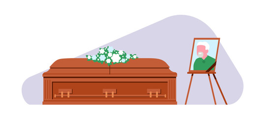 Funeral ritual. Wooden coffin with deceased and photo on stand. Dead grandfather portrait. Bouquet wreath. Traditional burial ceremony. Sadness of grandparent death. Vector concept - obrazy, fototapety, plakaty