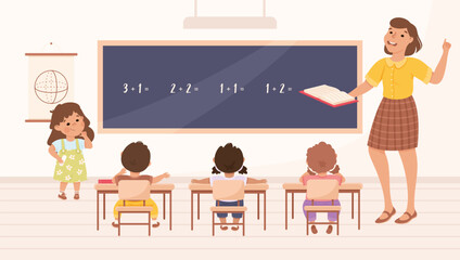 Classroom with Little Children Pupils Sitting at Desk Have Lesson Vector Illustration