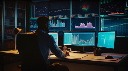 Side view of trader working on computer monitors in modern office. Forex trading concept.generative ai