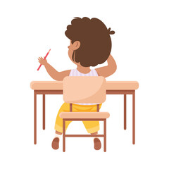 Cute Boy Pupil in Classroom Sitting at Desk Have Lesson Back View Vector Illustration