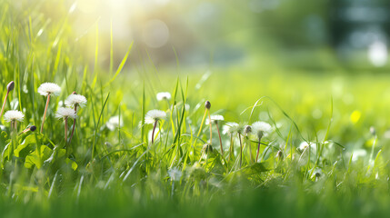 Illustration of young juicy green green grass with white dandelions. Macro, bokeh, sunlight. AI