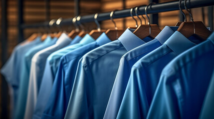 Men's shirts on hangers in a store. Shallow depth of field.generative ai