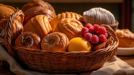 Basket with different types of buns and croissants.generative ai