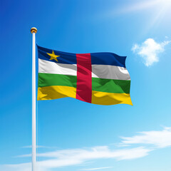 Waving flag of Central African Republic on flagpole with sky background.