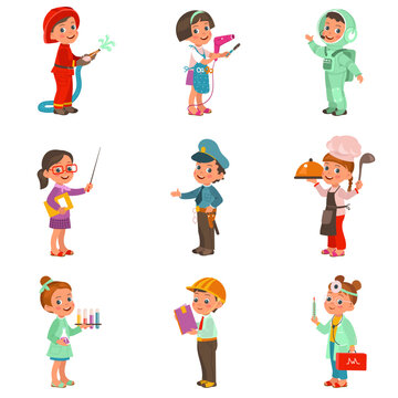 Kids professional characters. Boys and girls in different workers uniforms. Teacher and fireman. People occupation. Standing policeman or cook. Children professions. Splendid vector set