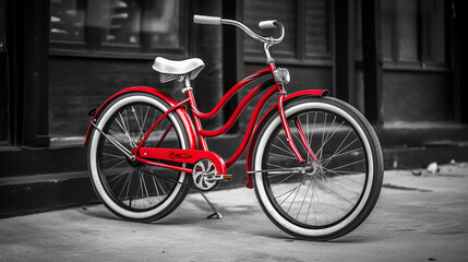 Fototapeta na wymiar Vintage red bicycle parked in the city street. Travel concept.generative ai