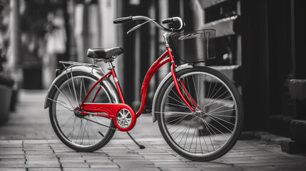 Fototapeta na wymiar Vintage red bicycle parked in the city street. Travel concept.generative ai