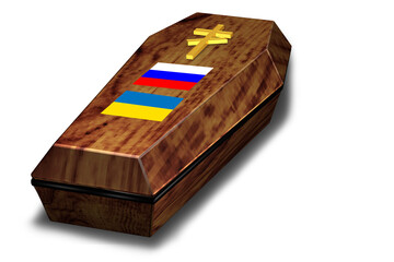Wooden coffin with a Christian cross on a white background. The concept of humanity's last home.