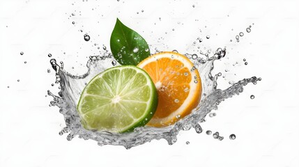 Slice of citrus and orange with water splash white background for advertisement and commercial.