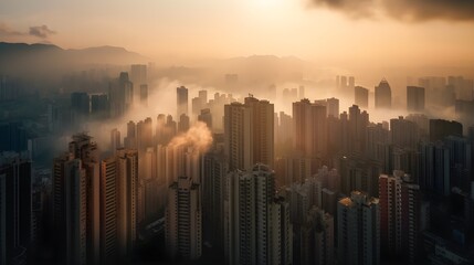 Mysterious urban skyline at dawn, with fog, skyscrapers, and panoramic cityscape.