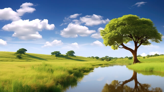 a beautiful relax realistic landscape with a small river and a tree, ai generated image