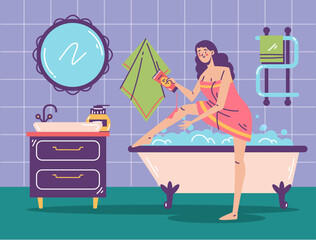 Bath woman relax bathroom concept. Vector design graphic illustration