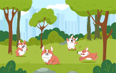 Dog pet walk play in park concept. Vector design graphic illustration