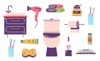 Bathroom shower bath care furniture collection isolated set. Vector design graphic illustration
