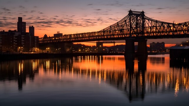 Captivating cityscape with illuminated bridge and stunning reflection on river evening sunset.