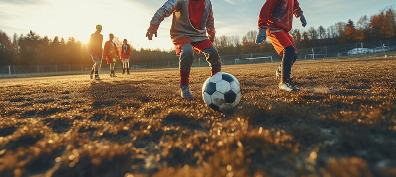 Children playing football on the field at sunset. generative ai