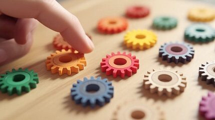 Close-up image of human hands and wooden gears. Teamwork concept.generative ai