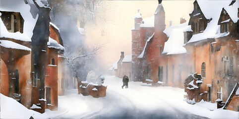 Watercolor winter cityscape. Snow-covered houses and streets.