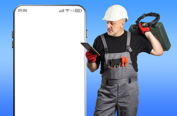 Electrical engineer. Man near giant smartphone. Phone with blank screen. Electrician recommends...