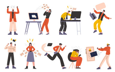 People in stress. Bad news attack. Nervous persons run away from negative information. Social media messages. Receive letters. Internet mail. Shocked or overloaded characters vector set