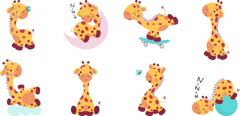 Naklejki  Cartoon giraffe characters. Cute giraffes in different poses. Young baby animal playing and sleeping. Safari zoo, exotcic animal nowaday vector set