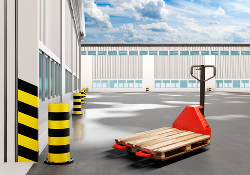 Pallet jack near hangar. Industrial buildings. Factory area. Pallet hand truck. Hydraulic pallet jack. Industrial zone with blue sky. Warehouse trolley for loading operations. 3d image