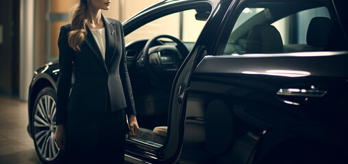 Beautiful young businesswoman standing in luxury car and looking away.generative ai