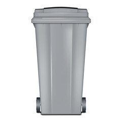 Outdoor plastic dustbin with hinged lid and wheels vector mockup. Wheeled dust bin isolated on white background realistic mock-up. Trash can, large waste container. Template for design