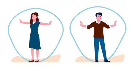 Protecting personal boundaries and freedom. Woman and man feel encapsulated. People in soap bubbles. Social isolation. Upset persons in circle dome. Inside glass sphere. Vector concept