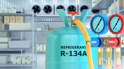 Refrigerant r-134a. Freon for filling refrigerators. Tank with pressure sensors. Refrigerant for industrial freezers. Sale of refrigerant for refrigerators. Shelves with boxes are blurred. 3d image - obrazy, fototapety, plakaty