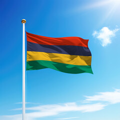 Waving flag of Mauritius on flagpole with sky background.