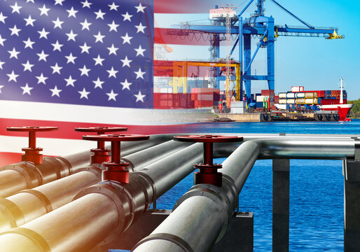 Marine LNG terminal. USA flag near pipes. Import of gas from America. Sea port with pipeline. Infrastructure for LNG supply. Pipes for loading gas onto ship from USA. LNG terminal on ocean. 3d image
