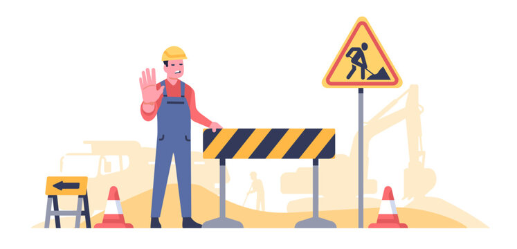 Road worker prohibits passage because street repair work is in progress. Highway renovation. Barrier or roadside digging sign. Roadway engineering. Workman in overalls. Vector concept
