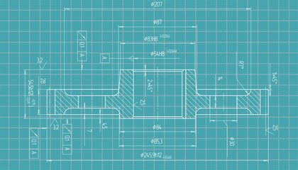 Vector engineering cad drawing of a mechanical part (steel wheel)
with through holes.
Computer aided design of machine parts. Technical cad background with grid.