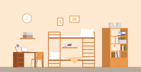 Student room interior. Dormitory or hostel furniture, living area for two children. Bed, bookshelf and workplace with laptop. Home inside vector scene